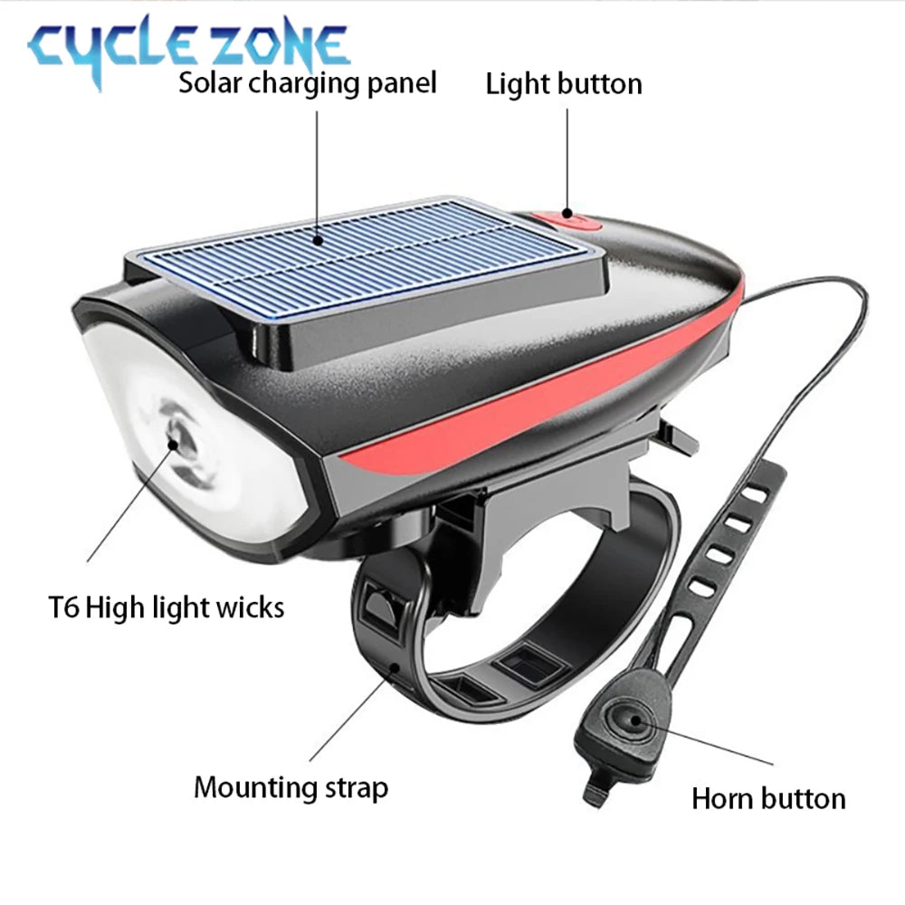 Solar Bicycle Light with Horn LED Bike Front Lamp Headlight