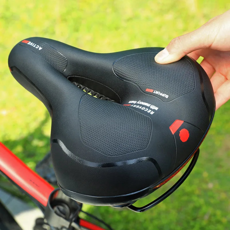 Hollow Breathable Bicycle Saddle Men Women MTB Road Bike Saddle Shock Absorbing Comfortable Big Butt Bike Seat Safety Warning